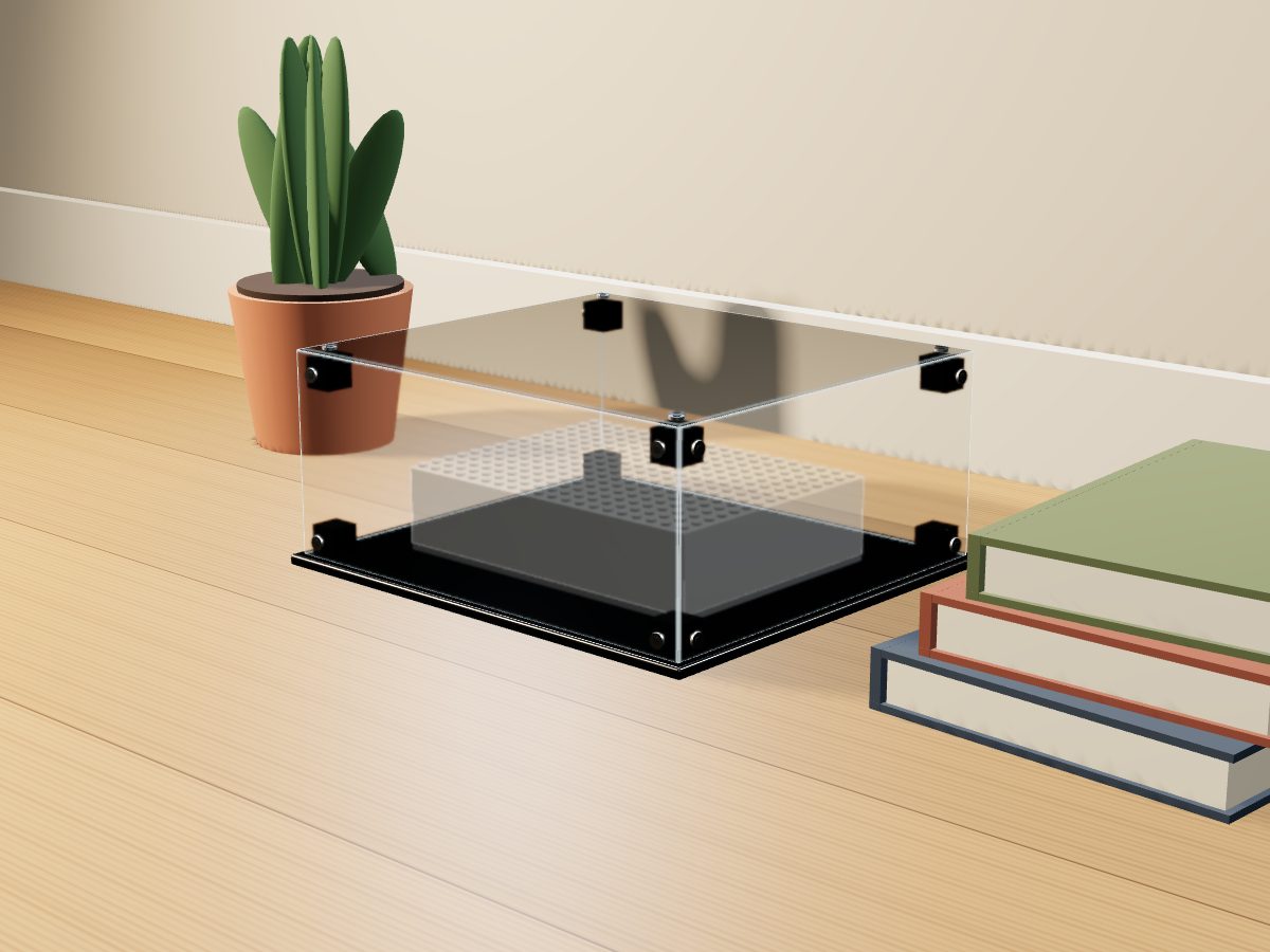 LEGO® Diğer: Retro Record Player (40699) ile Uyumlu Sergileme Vitrini — evde, setin LEGO'nun yayımladığı ölçüsünde temsili hacimle; setin biçimi çizilmez, set dahil değildir