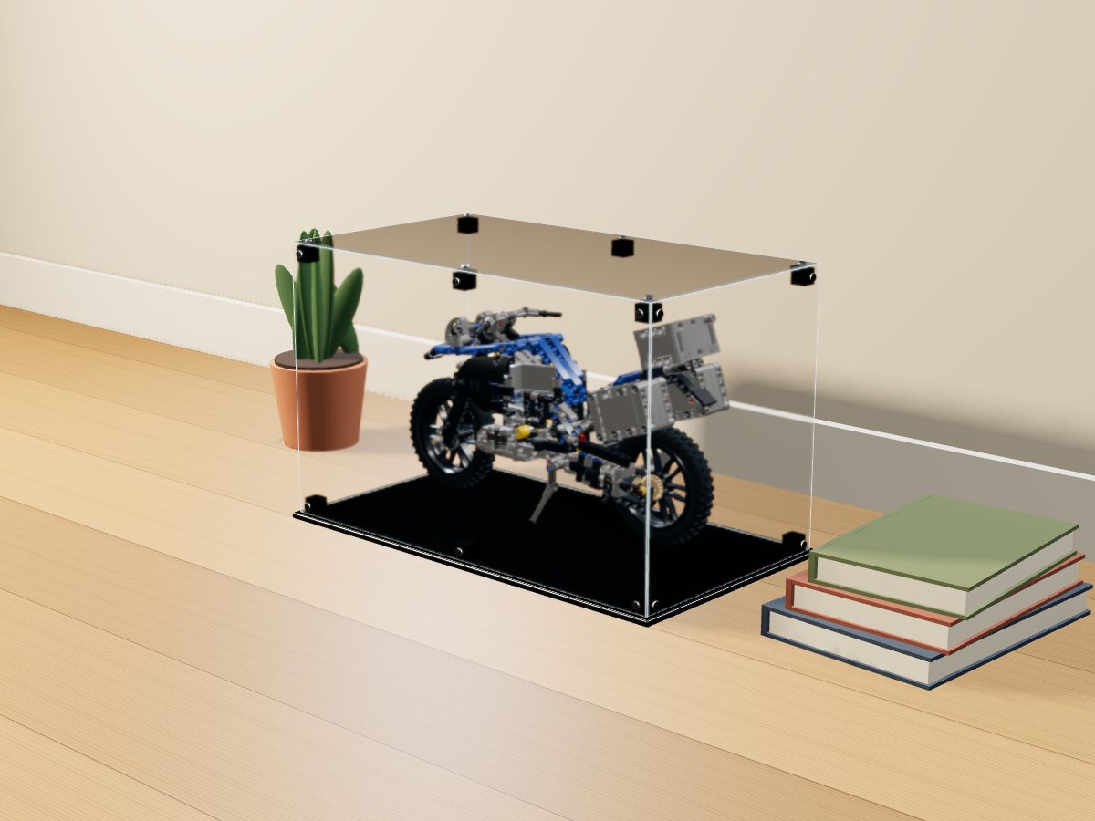 LEGO® Technic: BMW R 1200 GS Adventure (42063) ile Uyumlu Sergileme Vitrini — evde, set içindeyken; set modeli Philippe Hurbain (LDraw OMR, CC BY 2.0), temsili görselleştirme, set dahil değildir