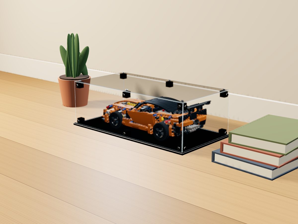 LEGO® Technic: Chevrolet Corvette ZR1 (42093) ile Uyumlu Sergileme Vitrini — evde, set içindeyken; set modeli Philippe Hurbain (LDraw OMR, CC BY 2.0), temsili görselleştirme, set dahil değildir