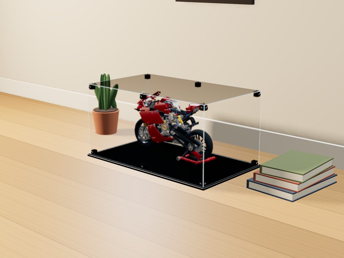 LEGO® Technic: Ducati Panigale V4 R (42107) ile Uyumlu Sergileme Vitrini — evde, set içindeyken; set modeli Philippe Hurbain (LDraw OMR, CC BY 2.0), temsili görselleştirme, set dahil değildir