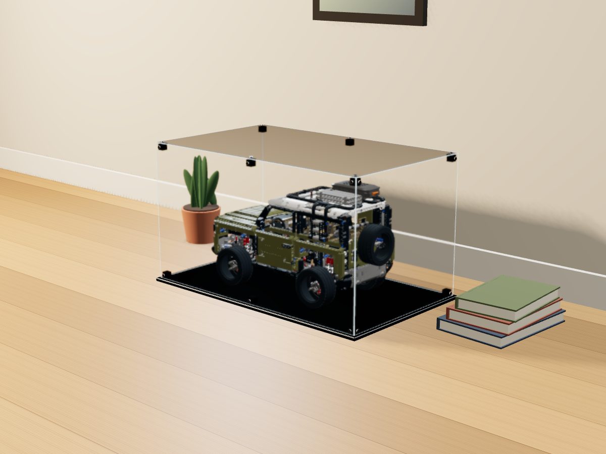 LEGO® Technic: Land Rover Defender (42110) ile Uyumlu Sergileme Vitrini — evde, set içindeyken; set modeli Philippe Hurbain (LDraw OMR, CC BY 2.0), temsili görselleştirme, set dahil değildir