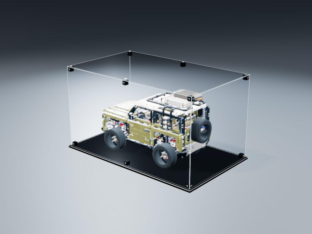 LEGO® Technic: Land Rover Defender (42110) ile Uyumlu Sergileme Vitrini — stüdyoda, set içindeyken; set modeli Philippe Hurbain (LDraw OMR, CC BY 2.0), temsili görselleştirme, set dahil değildir
