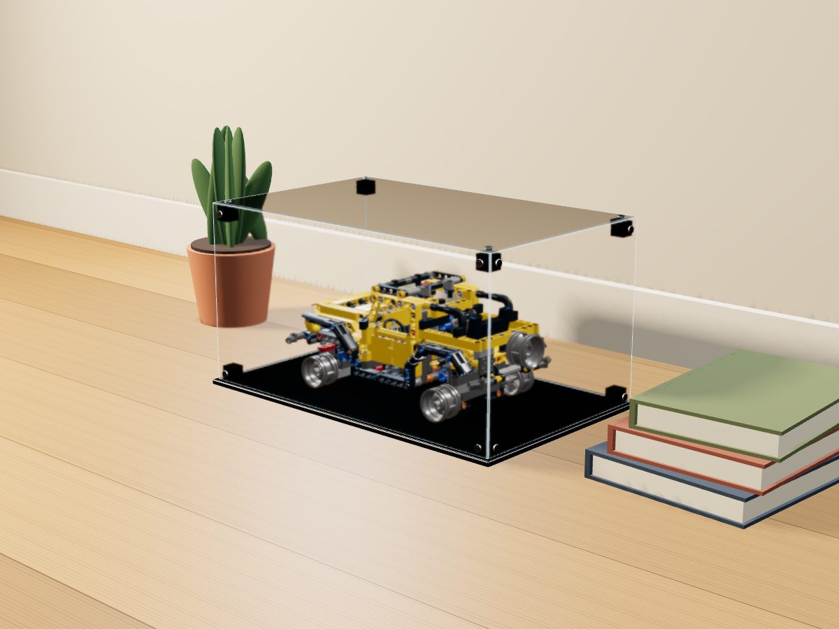 LEGO® Technic: Jeep Wrangler (42122) ile Uyumlu Sergileme Vitrini — evde, set içindeyken; set modeli Philippe Hurbain (LDraw OMR, CC BY 2.0), temsili görselleştirme, set dahil değildir