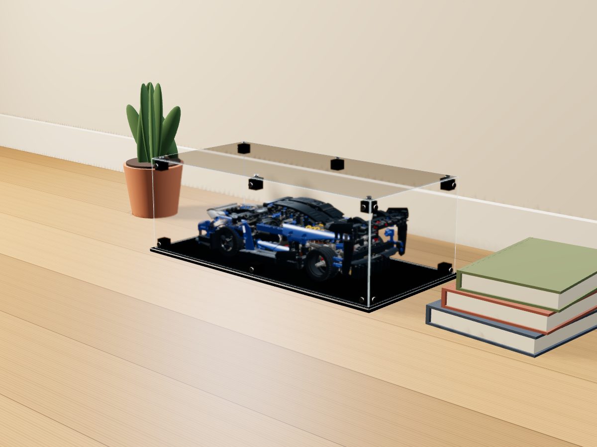 LEGO® Technic: McLaren Senna GTR (42123) ile Uyumlu Sergileme Vitrini — evde, set içindeyken; set modeli Philippe Hurbain (LDraw OMR, CC BY 2.0), temsili görselleştirme, set dahil değildir