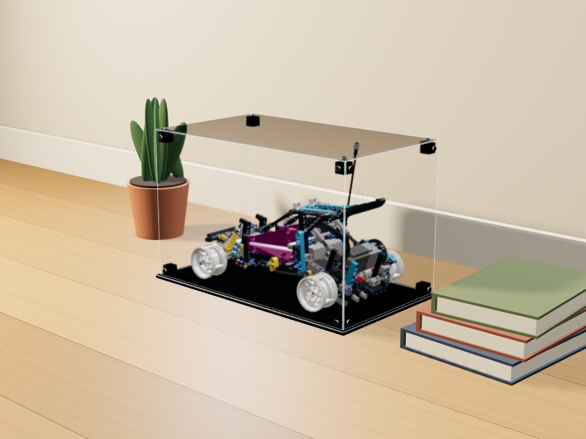 LEGO® Technic: Off-Road Buggy (42124) ile Uyumlu Sergileme Vitrini — evde, set içindeyken; set modeli Philippe Hurbain (LDraw OMR, CC BY 2.0), temsili görselleştirme, set dahil değildir
