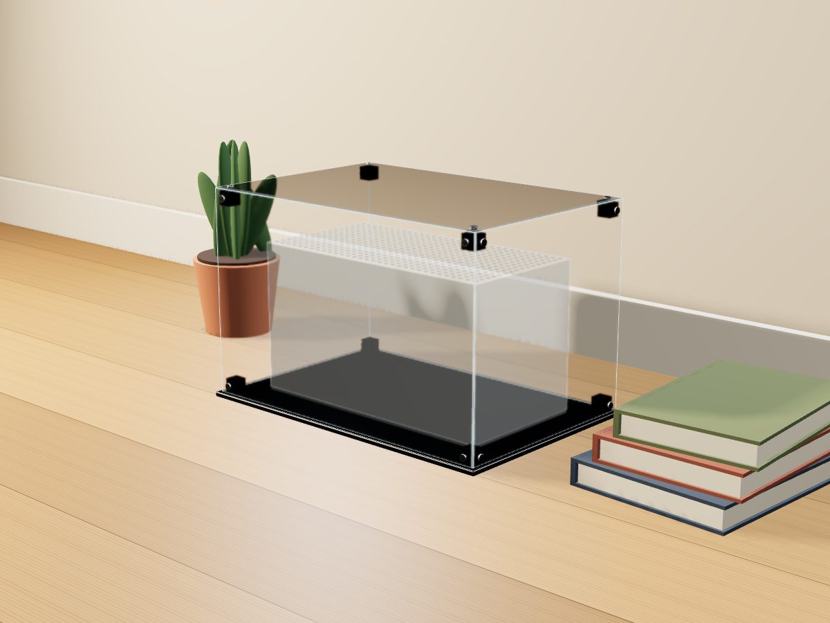 LEGO® Technic: Jeep Wrangler Rubicon SUV (42227) ile Uyumlu Sergileme Vitrini — evde, setin tahmini ölçüsünde (vitrin iç ölçüsünden) temsili hacimle; setin biçimi çizilmez, set dahil değildir