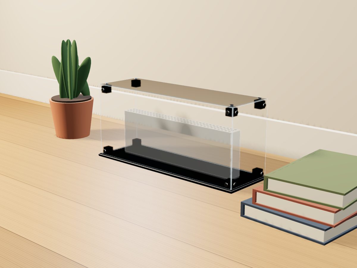 LEGO® Minifigür: F1 Collectible Race Car (71049) ile Uyumlu Sergileme Vitrini — evde, setin tahmini ölçüsünde (vitrin iç ölçüsünden) temsili hacimle; setin biçimi çizilmez, set dahil değildir