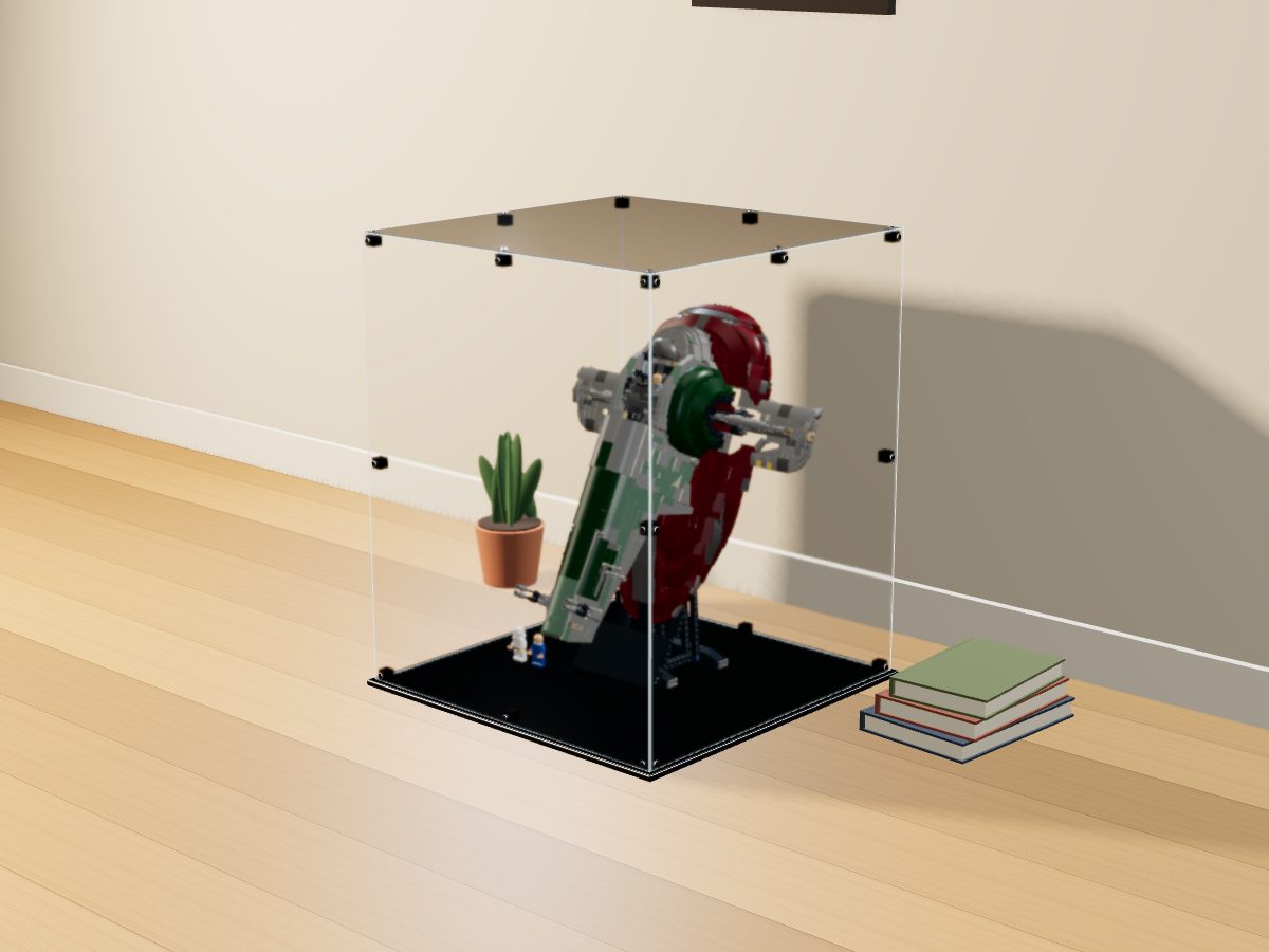 LEGO® Star Wars: Slave I (75060) ile Uyumlu Sergileme Vitrini — evde, set içindeyken; set modeli Orion Pobursky (LDraw OMR, CC BY 2.0), temsili görselleştirme, set dahil değildir