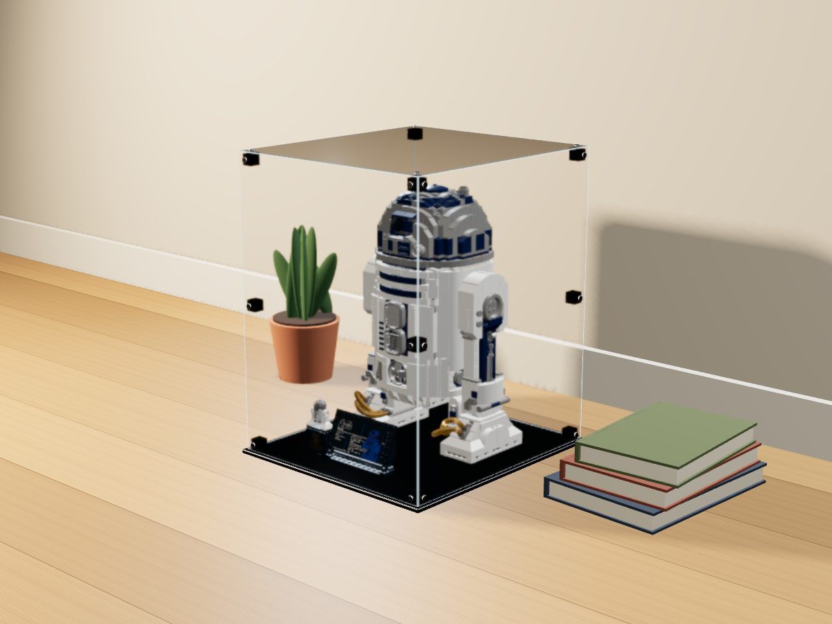 LEGO® Star Wars: R2-D2 (75308) ile Uyumlu Sergileme Vitrini — evde, set içindeyken; set modeli Marc Giraudet [Mad_Marc] (LDraw forumu, OMR gönderimi, CC BY 2.0), temsili görselleştirme, set dahil değildir