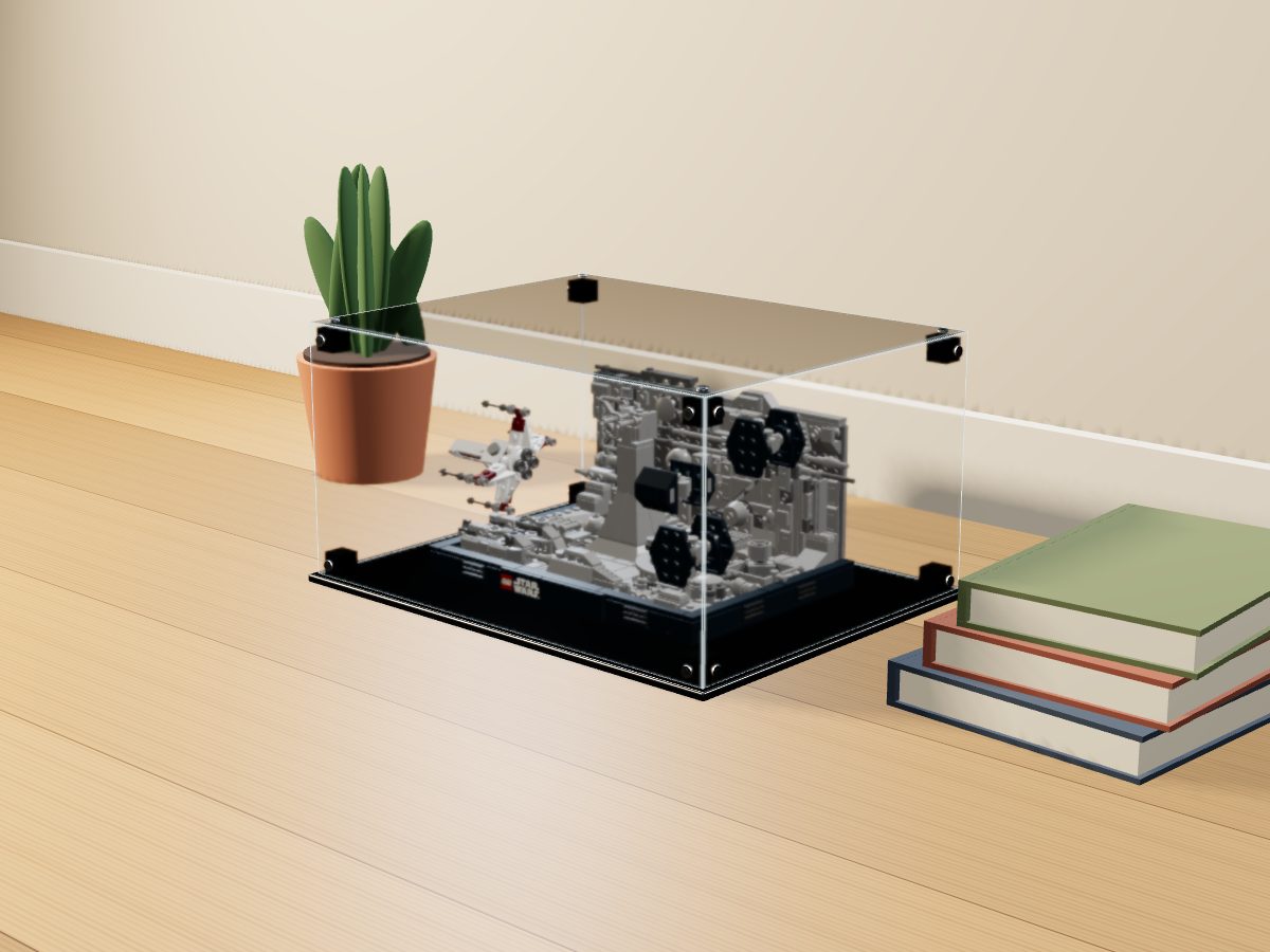 LEGO® Star Wars: Death Star Trench Run Diorama (75329) ile Uyumlu Sergileme Vitrini — evde, set içindeyken; set modeli Vincent Messenet [Cheenzo] (LDraw forumu, OMR gönderimi, CC BY 2.0), temsili görselleştirme, set dahil değildir