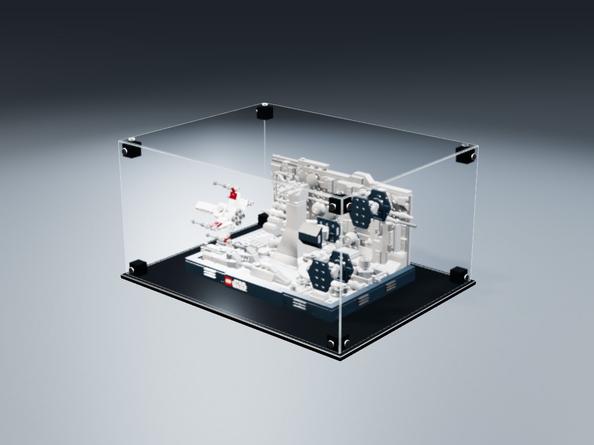 LEGO® Star Wars: Death Star Trench Run Diorama (75329) ile Uyumlu Sergileme Vitrini — stüdyoda, set içindeyken; set modeli Vincent Messenet [Cheenzo] (LDraw forumu, OMR gönderimi, CC BY 2.0), temsili görselleştirme, set dahil değildir