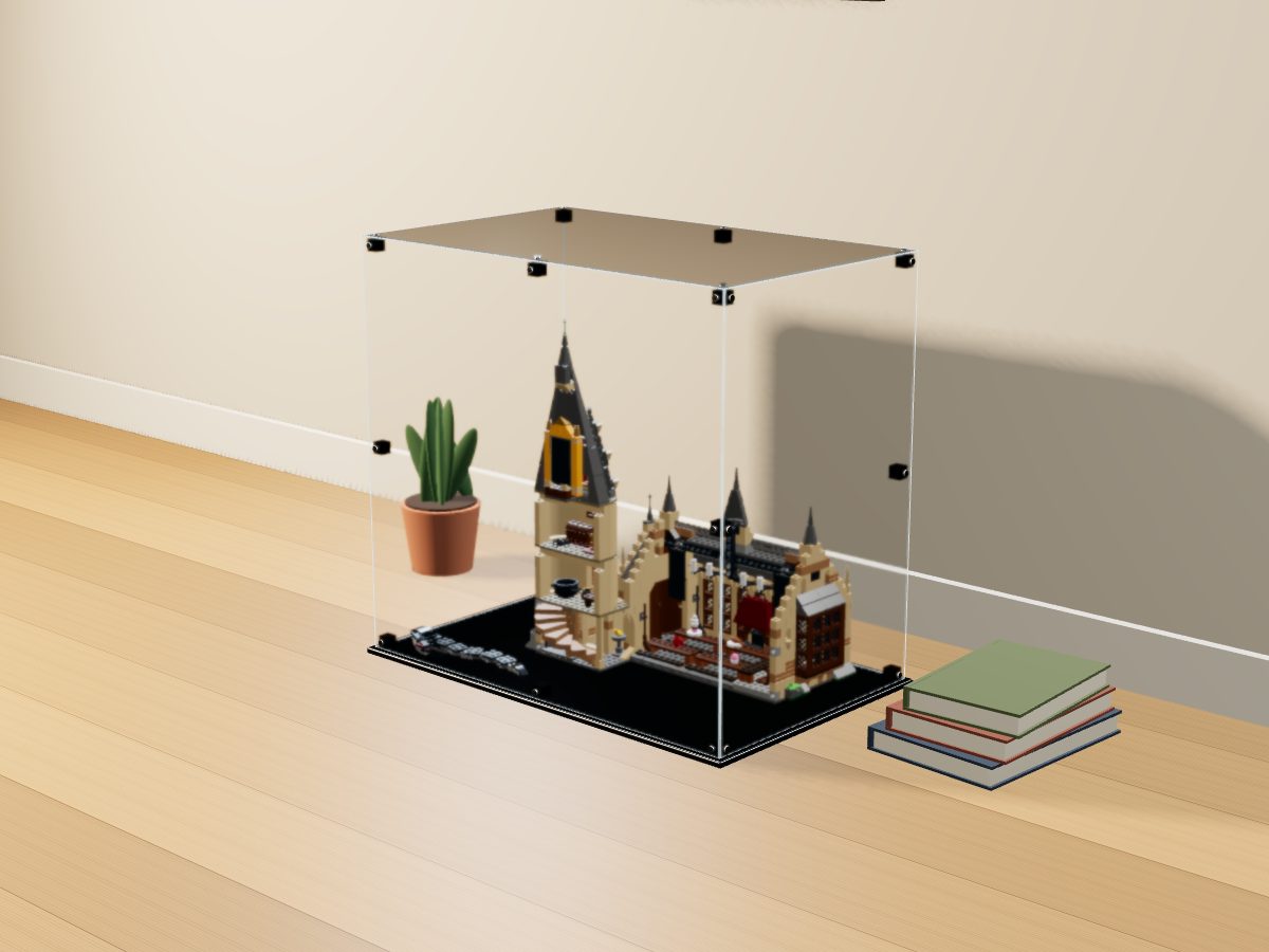 LEGO® Harry Potter: Hogwarts Great Hall (75954) ile Uyumlu Sergileme Vitrini — evde, set içindeyken; set modeli Stefan Frenz (LDraw OMR, CC BY 2.0), temsili görselleştirme, set dahil değildir