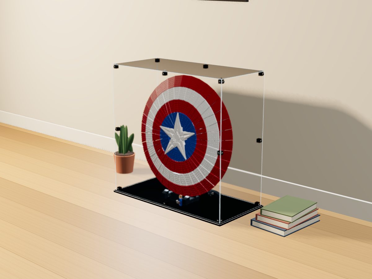 LEGO® Marvel: Captain America's Shield (76262) ile Uyumlu Sergileme Vitrini — evde, set içindeyken; set modeli Marc Giraudet [Mad_Marc] (LDraw forumu, OMR gönderimi, CC BY 2.0), temsili görselleştirme, set dahil değildir